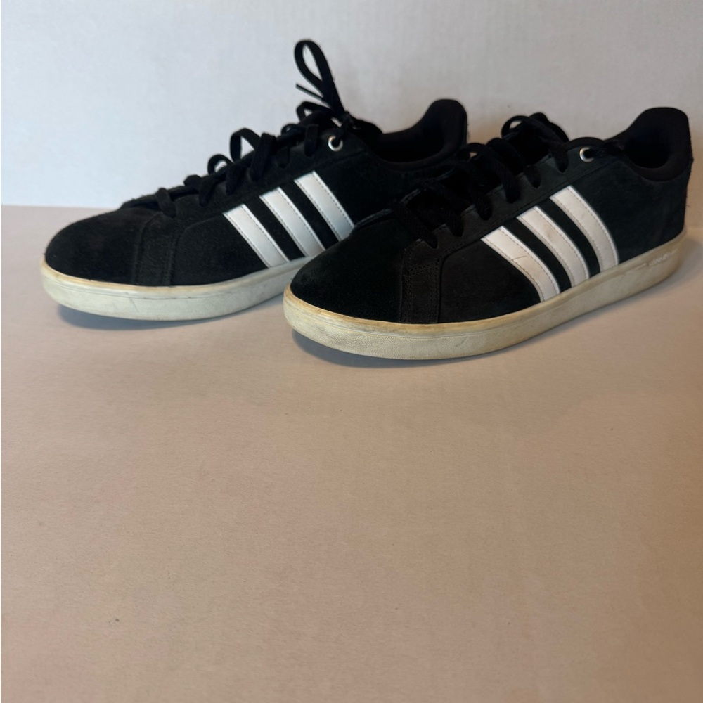 Menโs Adidas Classic cloudfoam advantage Black with White Stripes suade sneakers